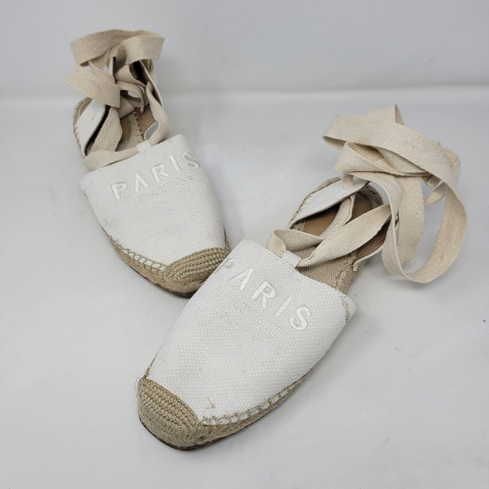 H&M Paris Athletique Espadrille Lace Up Sandals Cream Canvas Square Toe Womens 9